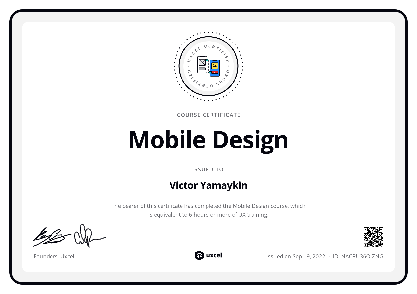 Victor Yamaykin's certificate